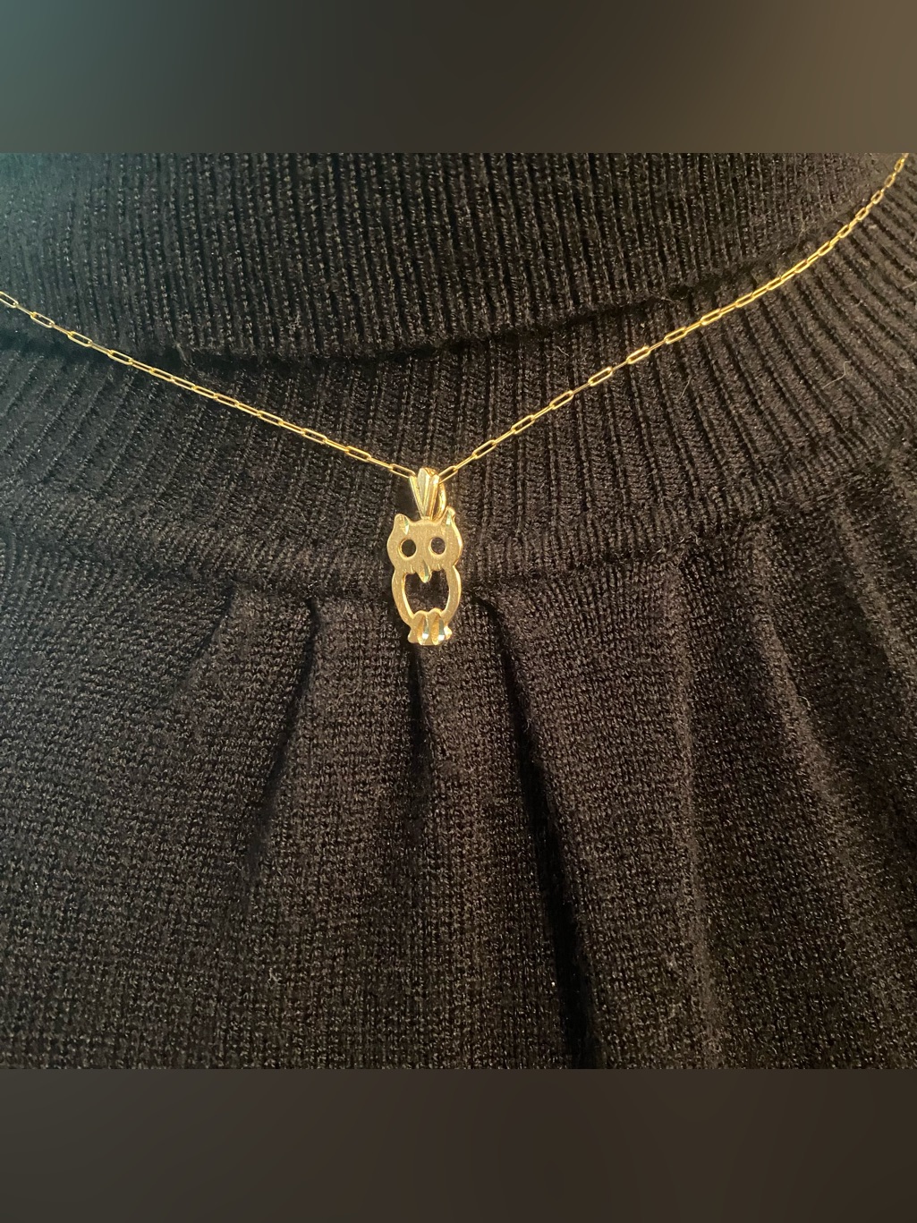 14k Gold Owl Pendant With 14k Gold Paper Clip Chain Necklace.